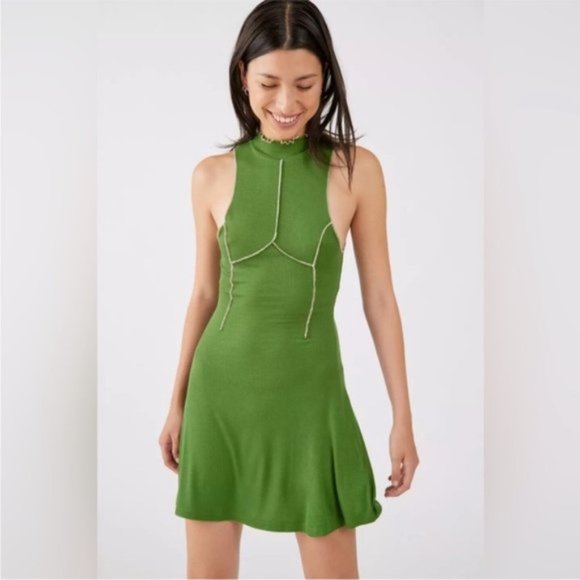 Urban Outfitters | UO Deja Seamed Mini Dress Sleeveless Ribbed Green New Medium - Picture 6 of 14